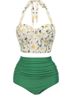 Online Retro Stage 1950s Floral Halter Lace-up Bikini Set
