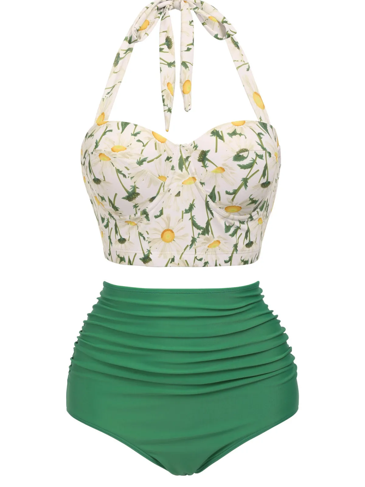 Online Retro Stage 1950s Floral Halter Lace-up Bikini Set