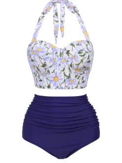Clearance Retro Stage 1950s Floral Halter Lace-up Bikini Set