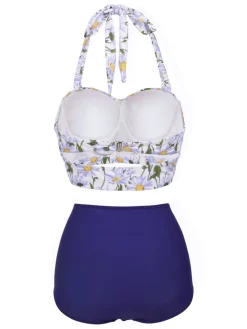 Clearance Retro Stage 1950s Floral Halter Lace-up Bikini Set
