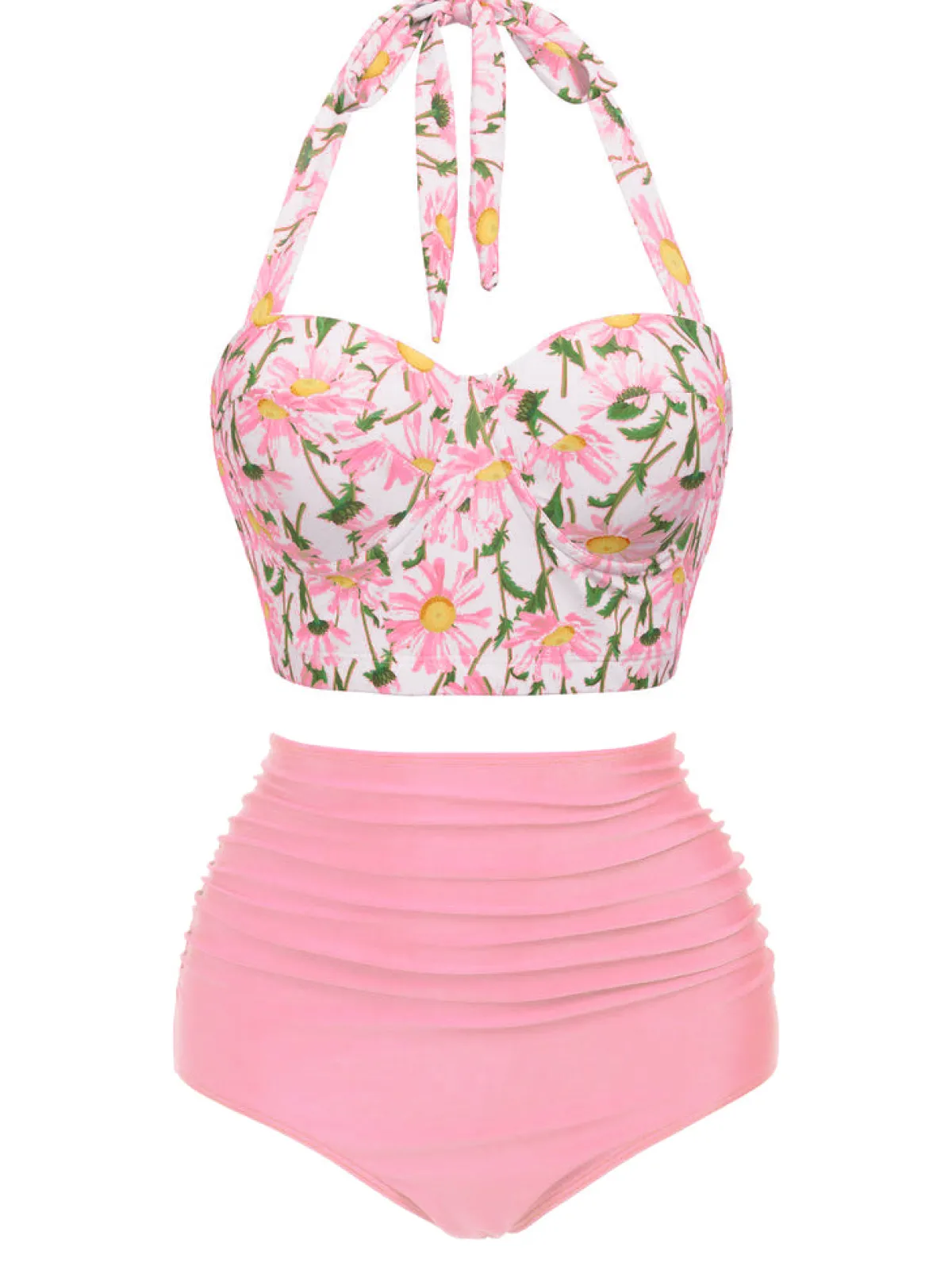 Best Retro Stage 1950s Floral Halter Lace-up Bikini Set