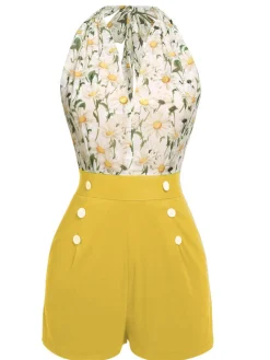 New Retro Stage 1950s Floral Halter Lace-up Vintage Romper