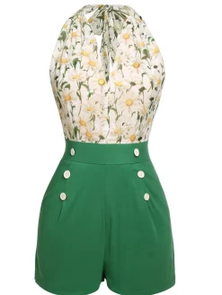 New Retro Stage 1950s Floral Halter Lace-up Vintage Romper