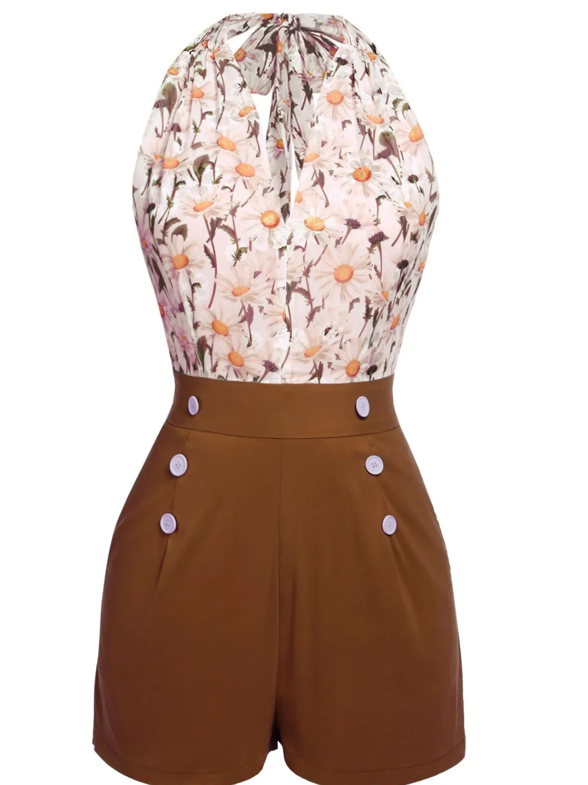 New Retro Stage 1950s Floral Halter Lace-up Vintage Romper