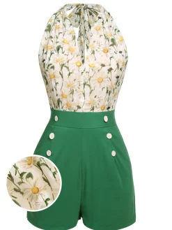 Online Retro Stage 1950s Floral Halter Lace-up Vintage Romper