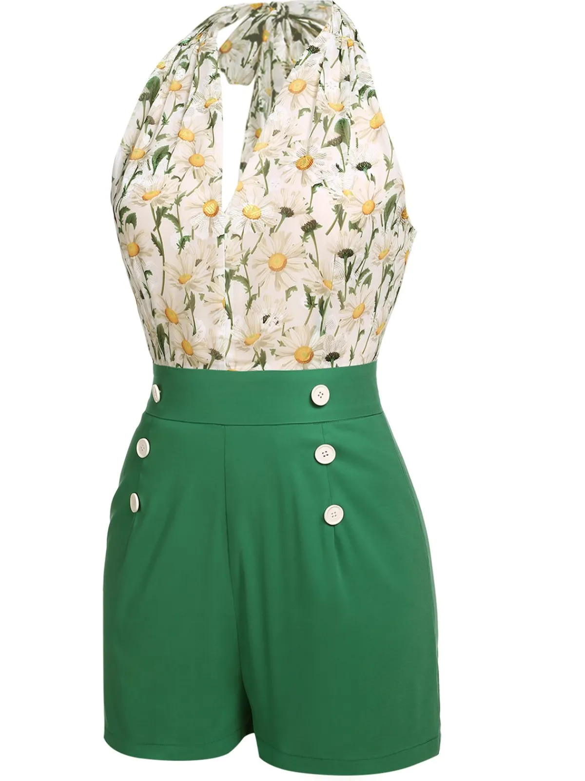 Online Retro Stage 1950s Floral Halter Lace-up Vintage Romper
