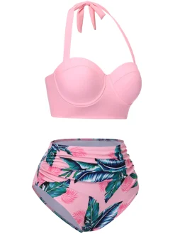 Hot Retro Stage 1950s Floral Halter Patchwork Swimsuit