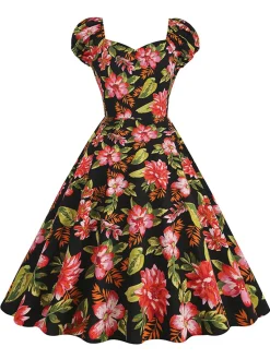 Discount Retro Stage 1950s Floral Hepburn Elegant Vintage Dress Multicolor