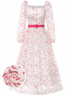 Discount Retro Stage 1940s Floral Illusion Square Neck Belt Dress