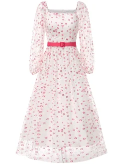 Discount Retro Stage 1940s Floral Illusion Square Neck Belt Dress