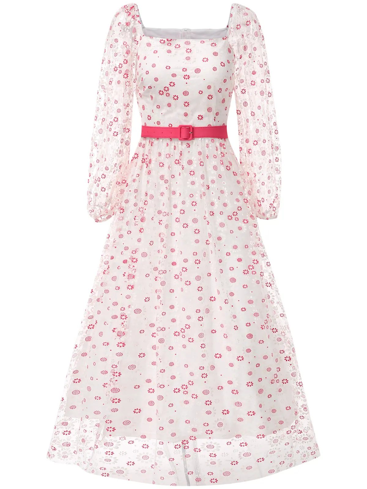 Discount Retro Stage 1940s Floral Illusion Square Neck Belt Dress