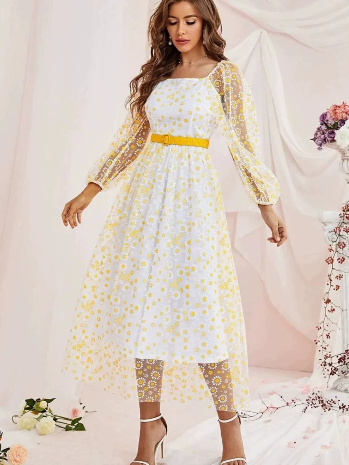 Discount Retro Stage 1940s Floral Illusion Square Neck Belt Dress