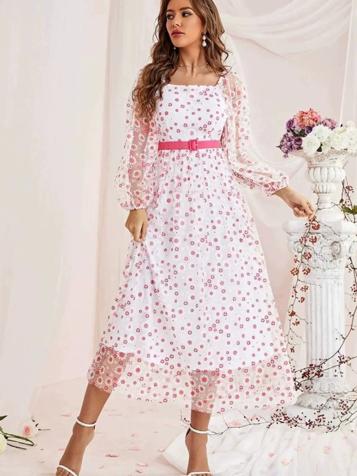 Discount Retro Stage 1940s Floral Illusion Square Neck Belt Dress