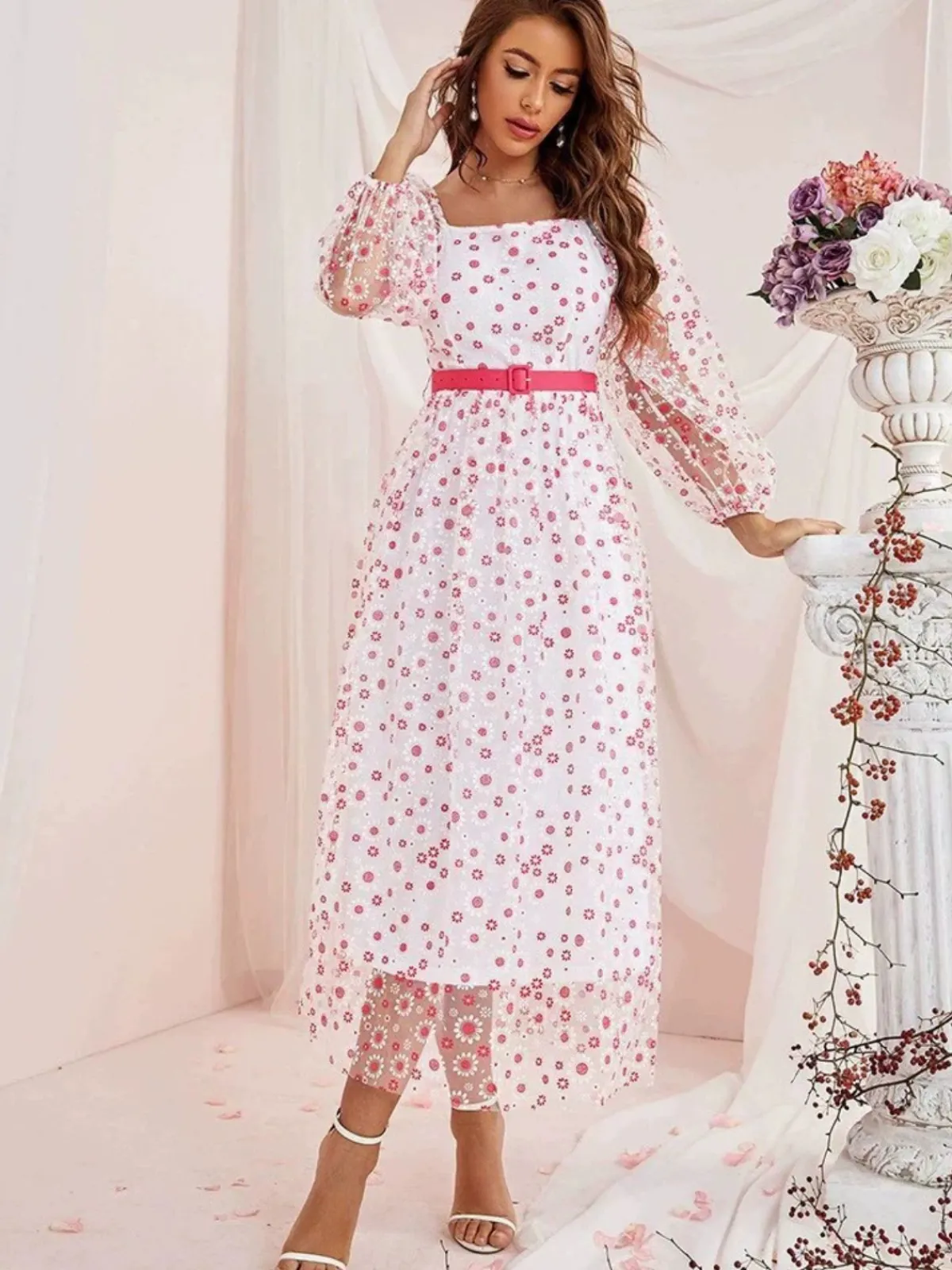 Discount Retro Stage 1940s Floral Illusion Square Neck Belt Dress