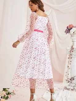 Discount Retro Stage 1940s Floral Illusion Square Neck Belt Dress
