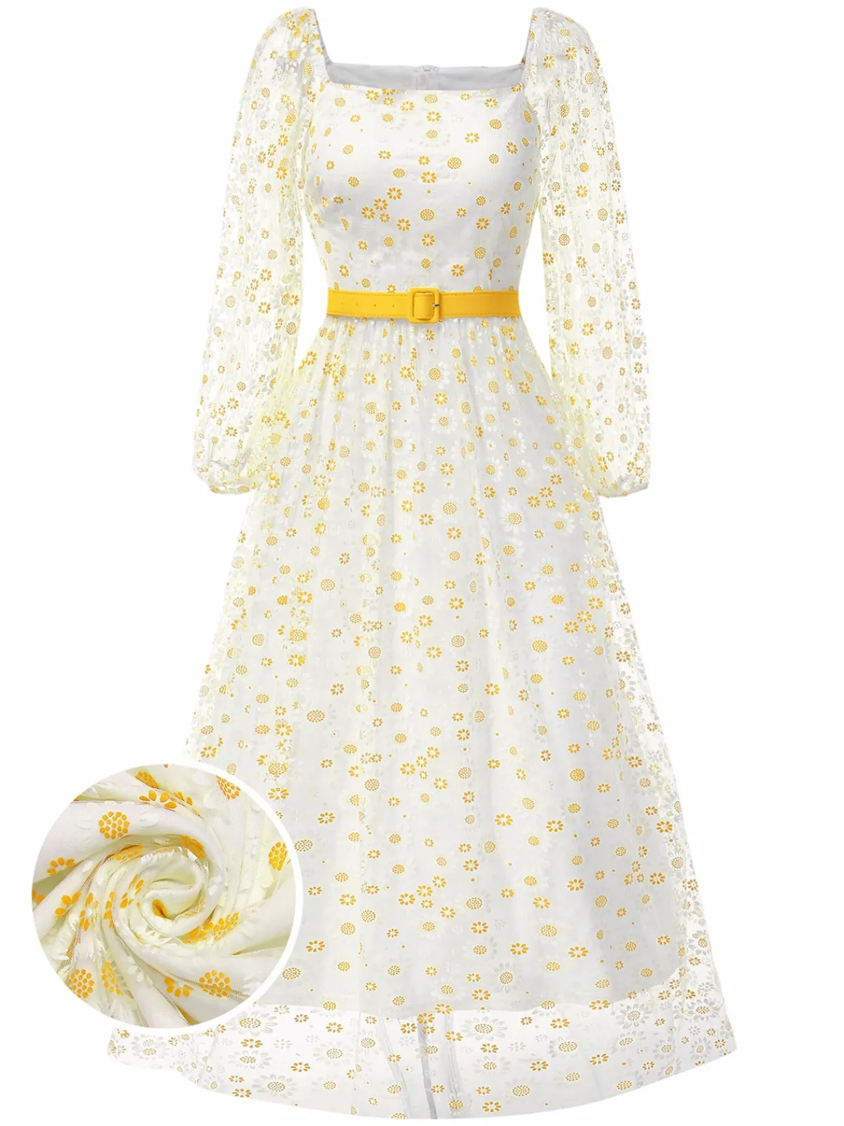 Discount Retro Stage 1940s Floral Illusion Square Neck Belt Dress