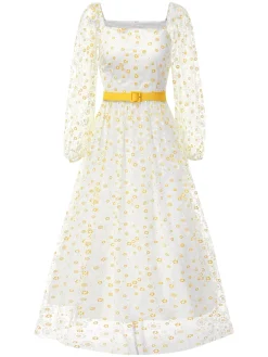 Discount Retro Stage 1940s Floral Illusion Square Neck Belt Dress