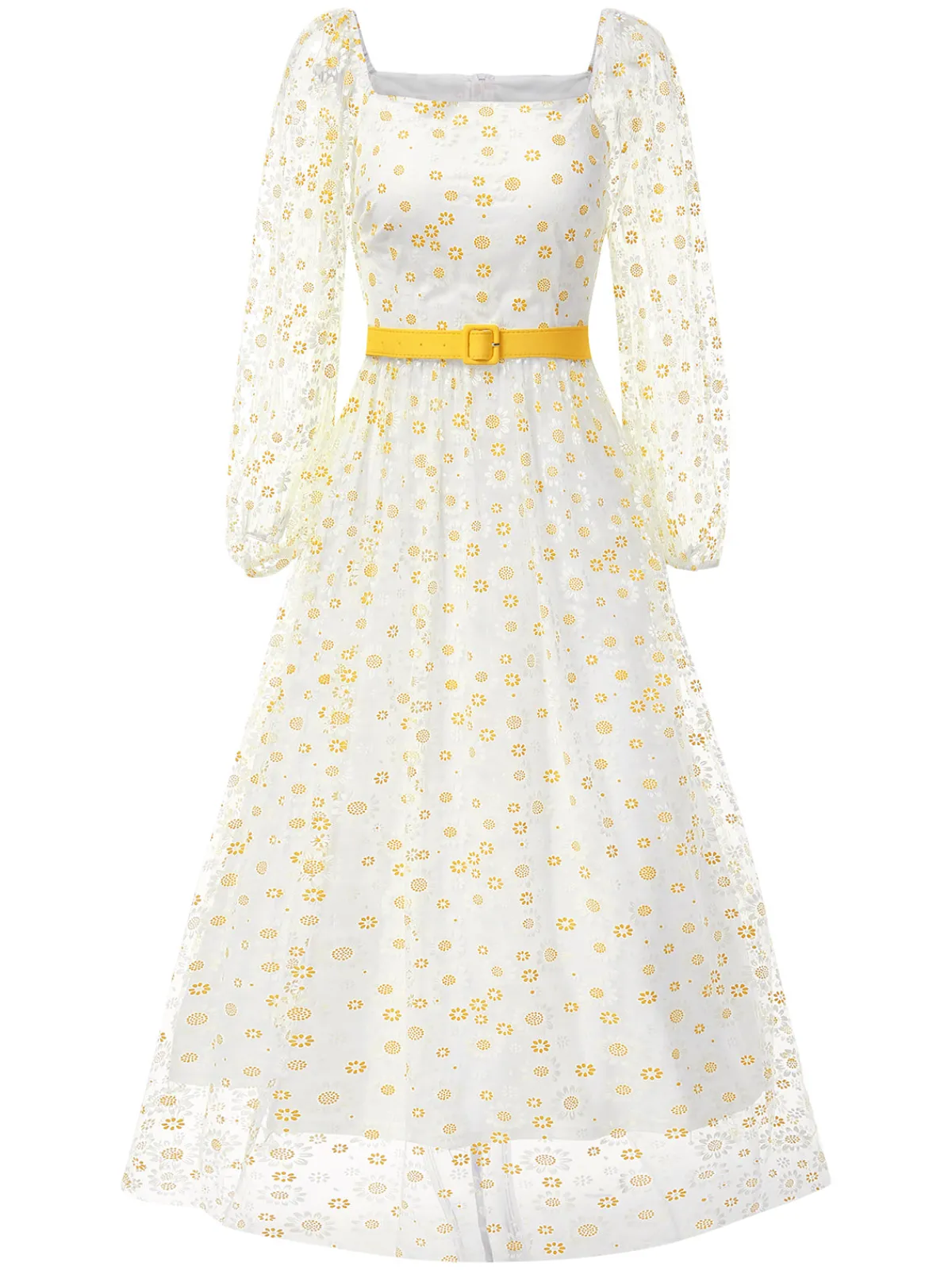 Discount Retro Stage 1940s Floral Illusion Square Neck Belt Dress