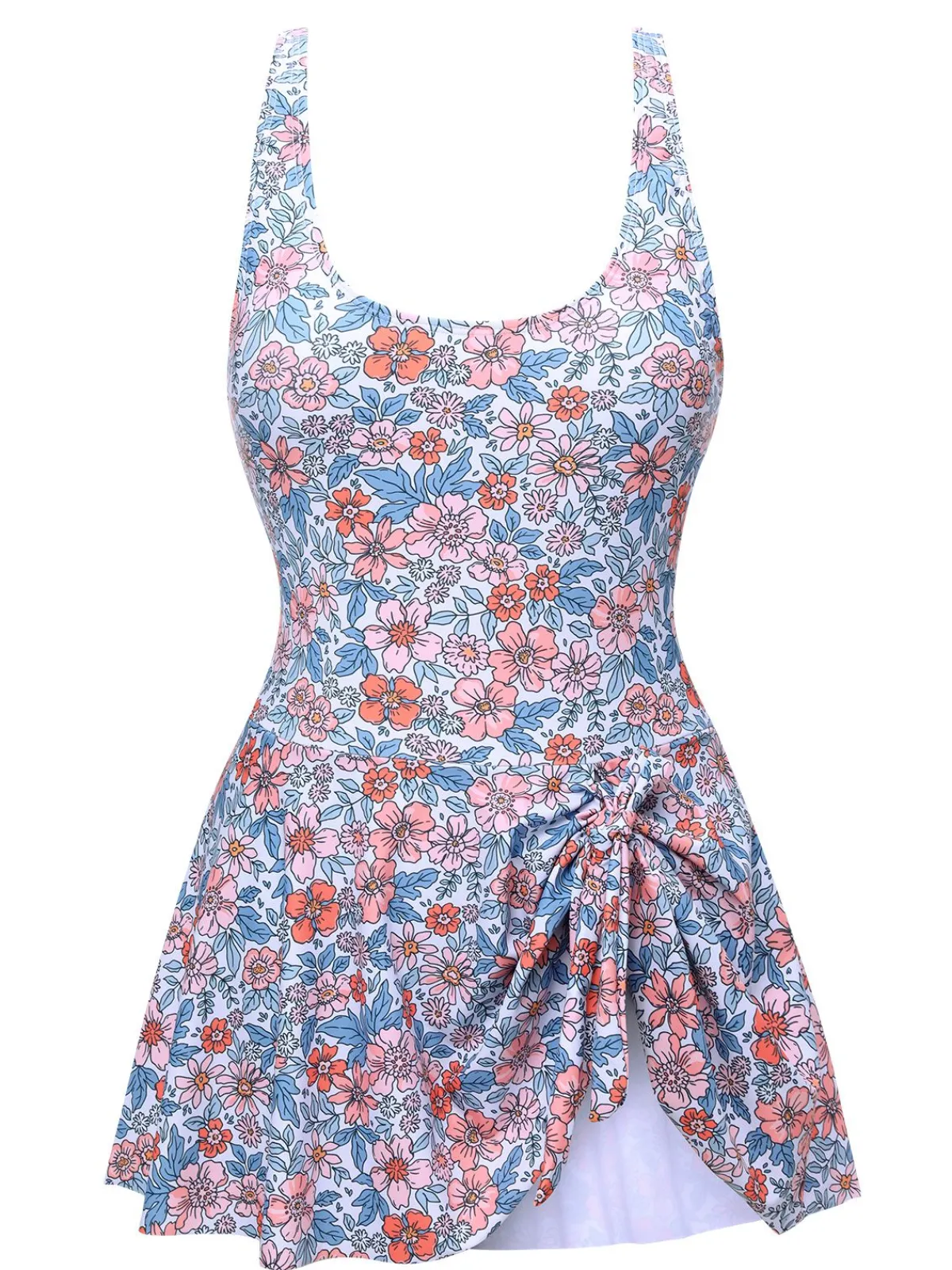 Best Retro Stage 1950s Knot Wide Strap Skirt Swimsuit Floral