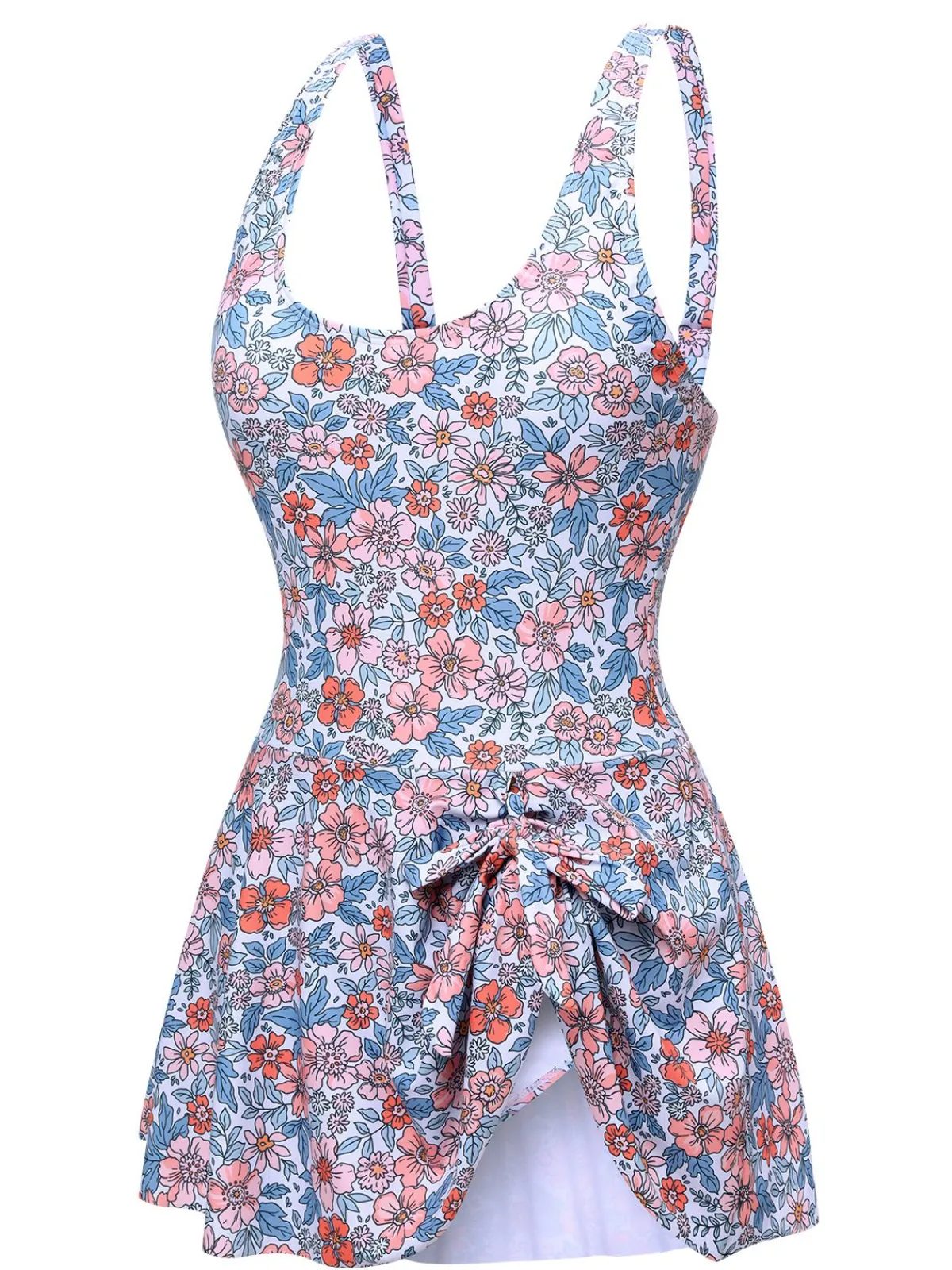 Best Retro Stage 1950s Knot Wide Strap Skirt Swimsuit Floral