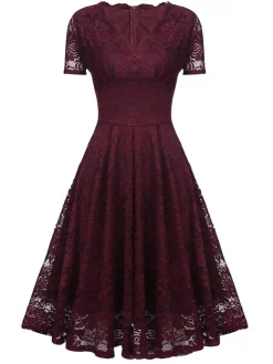 New Retro Stage 1950s Floral Lace Solid Swing Dress