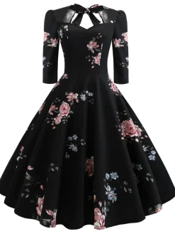 Fashion Retro Stage 1950s Floral Lace Up Swing Dress Black