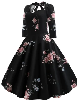 Fashion Retro Stage 1950s Floral Lace Up Swing Dress Black