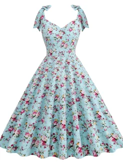 Hot Retro Stage 1950s Floral Lace-Up Shoulder V-Neck Swing Dress