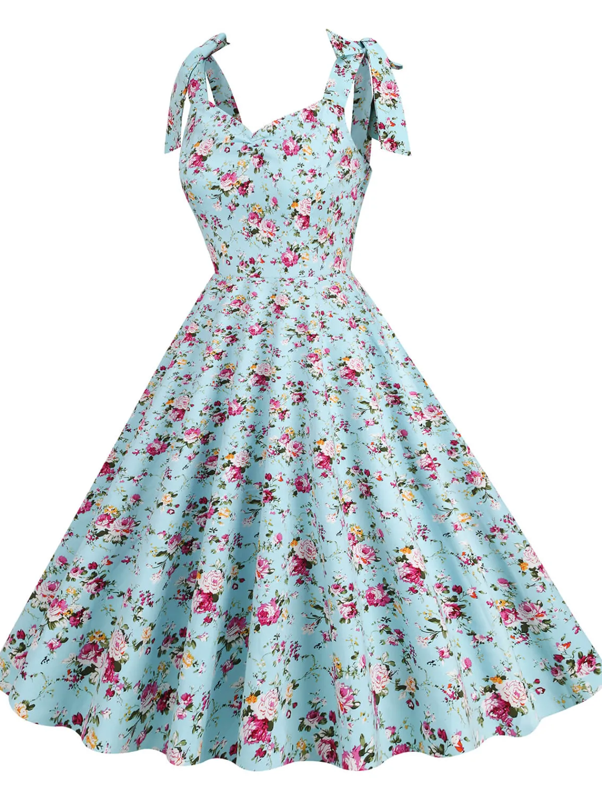 Hot Retro Stage 1950s Floral Lace-Up Shoulder V-Neck Swing Dress