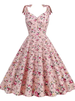Hot Retro Stage 1950s Floral Lace-Up Shoulder V-Neck Swing Dress