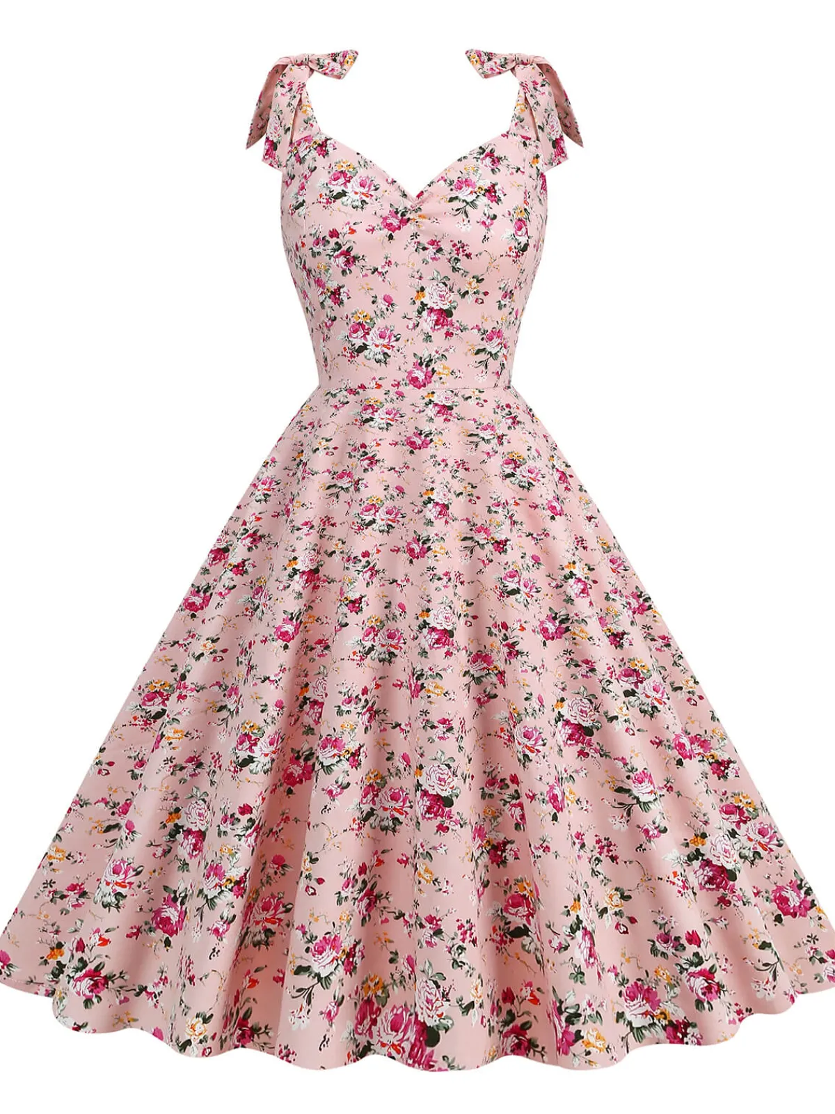 Hot Retro Stage 1950s Floral Lace-Up Shoulder V-Neck Swing Dress