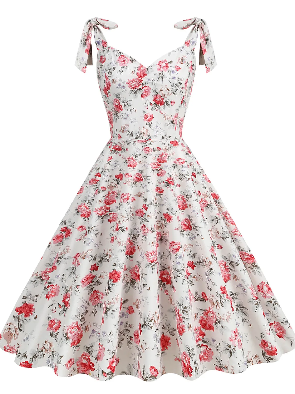 Hot Retro Stage 1950s Floral Lace-Up Shoulder V-Neck Swing Dress