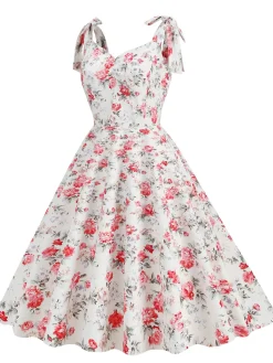 Hot Retro Stage 1950s Floral Lace-Up Shoulder V-Neck Swing Dress