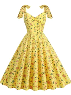 Hot Retro Stage 1950s Floral Lace-Up Shoulder V-Neck Swing Dress