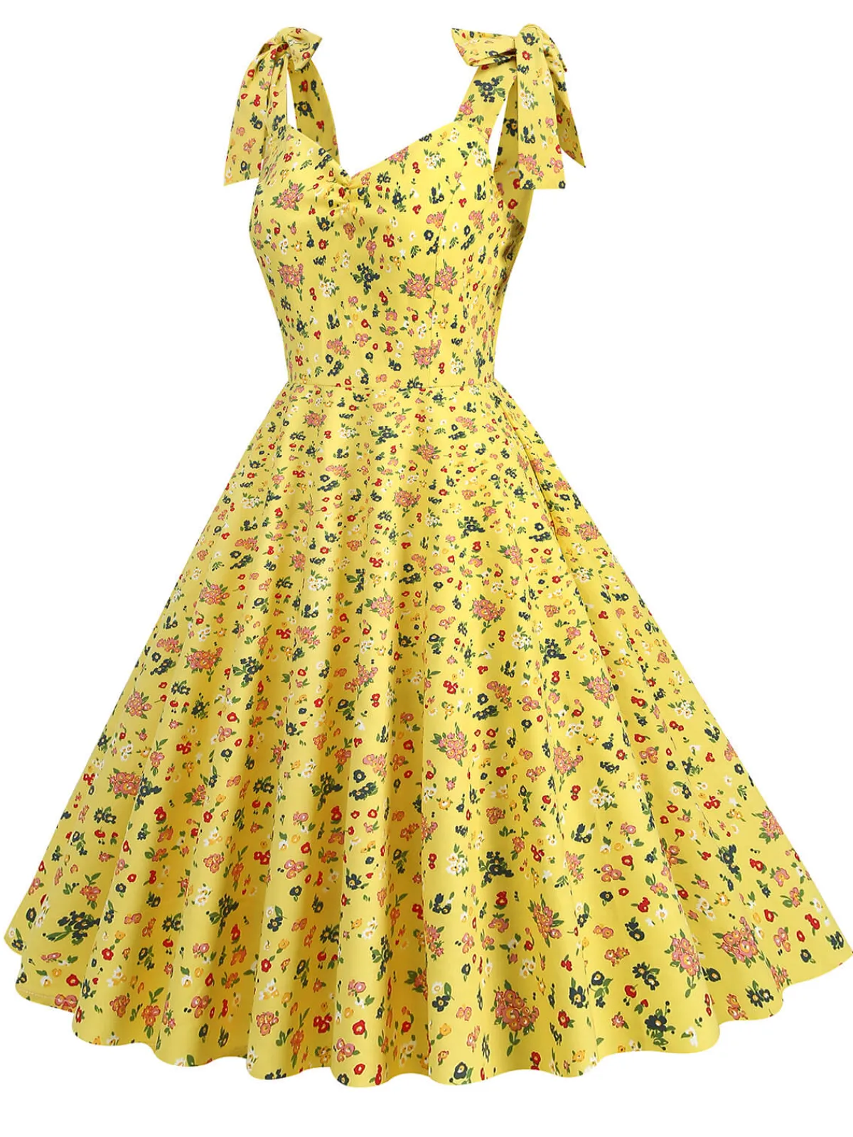 Hot Retro Stage 1950s Floral Lace-Up Shoulder V-Neck Swing Dress