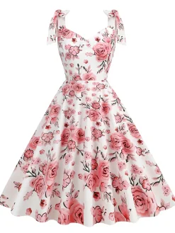 Hot Retro Stage 1950s Floral Lace-Up Shoulder V-Neck Swing Dress