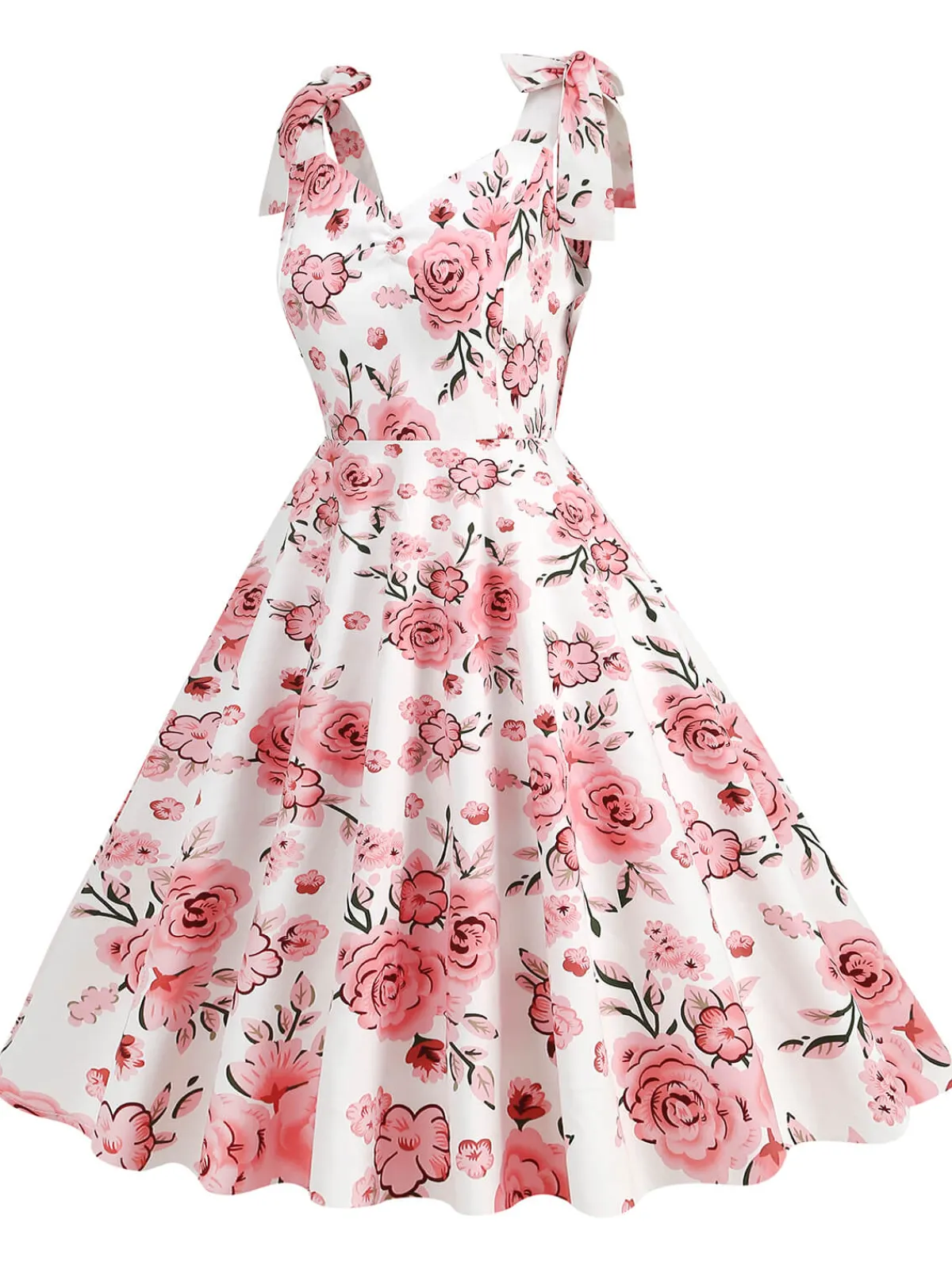 Hot Retro Stage 1950s Floral Lace-Up Shoulder V-Neck Swing Dress