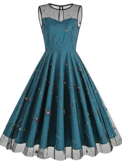 Best Retro Stage 1950s Floral Mesh Swing Dress