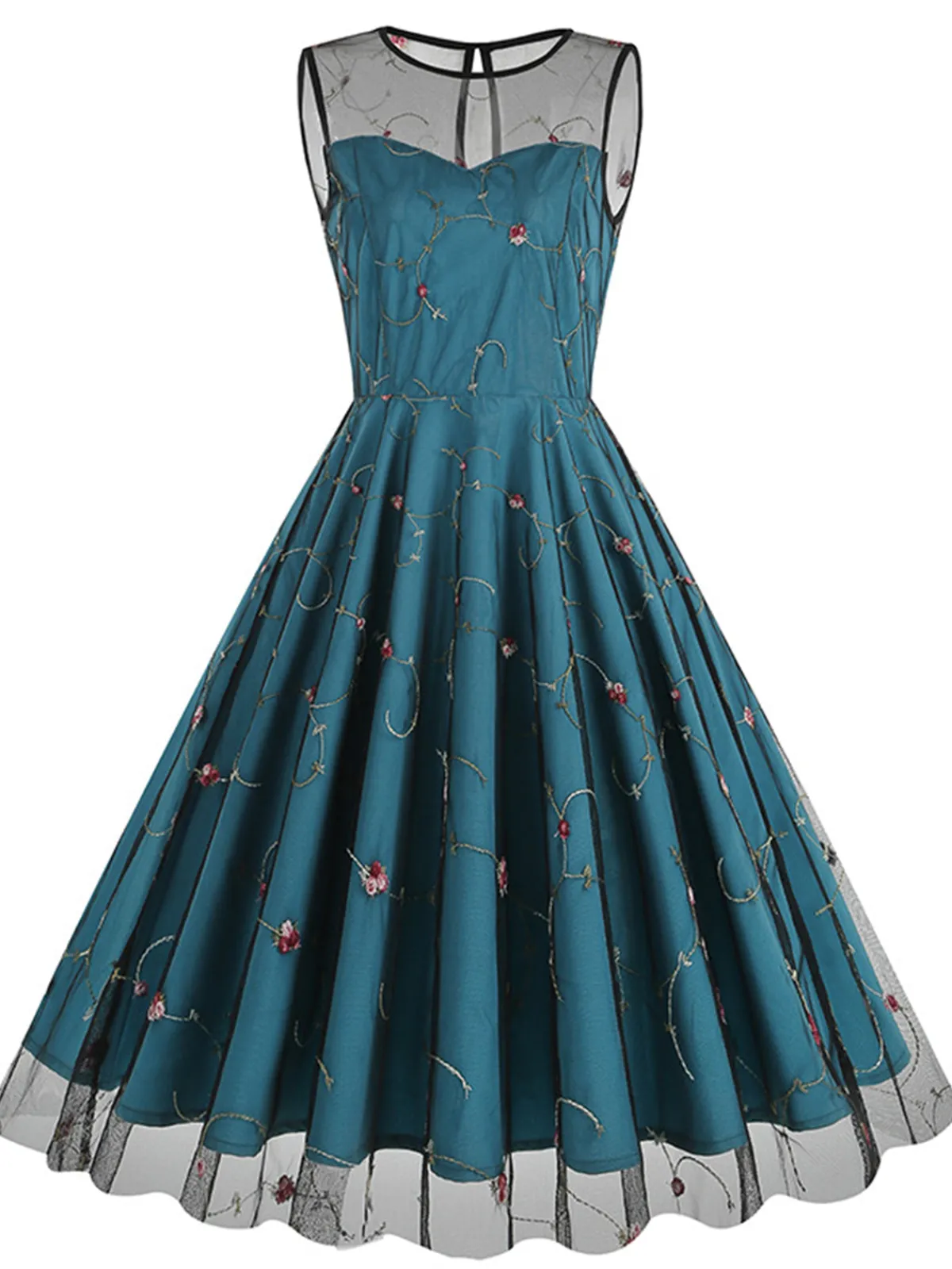 Best Retro Stage 1950s Floral Mesh Swing Dress