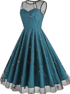 Best Retro Stage 1950s Floral Mesh Swing Dress