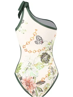 New Retro Stage 1940s Floral One Shoulder Swimsuit & Cover Up Green
