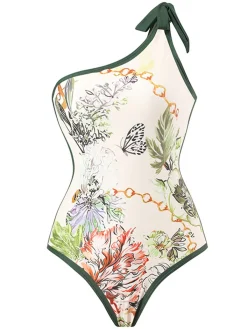 New Retro Stage 1940s Floral One Shoulder Swimsuit & Cover Up Green