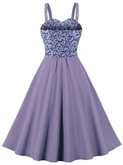 Fashion Retro Stage 1950s Floral Patchwork Strap Swing Dress