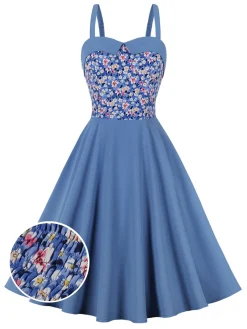 Fashion Retro Stage 1950s Floral Patchwork Strap Swing Dress