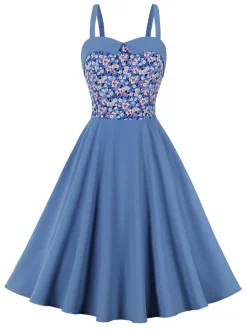 Fashion Retro Stage 1950s Floral Patchwork Strap Swing Dress