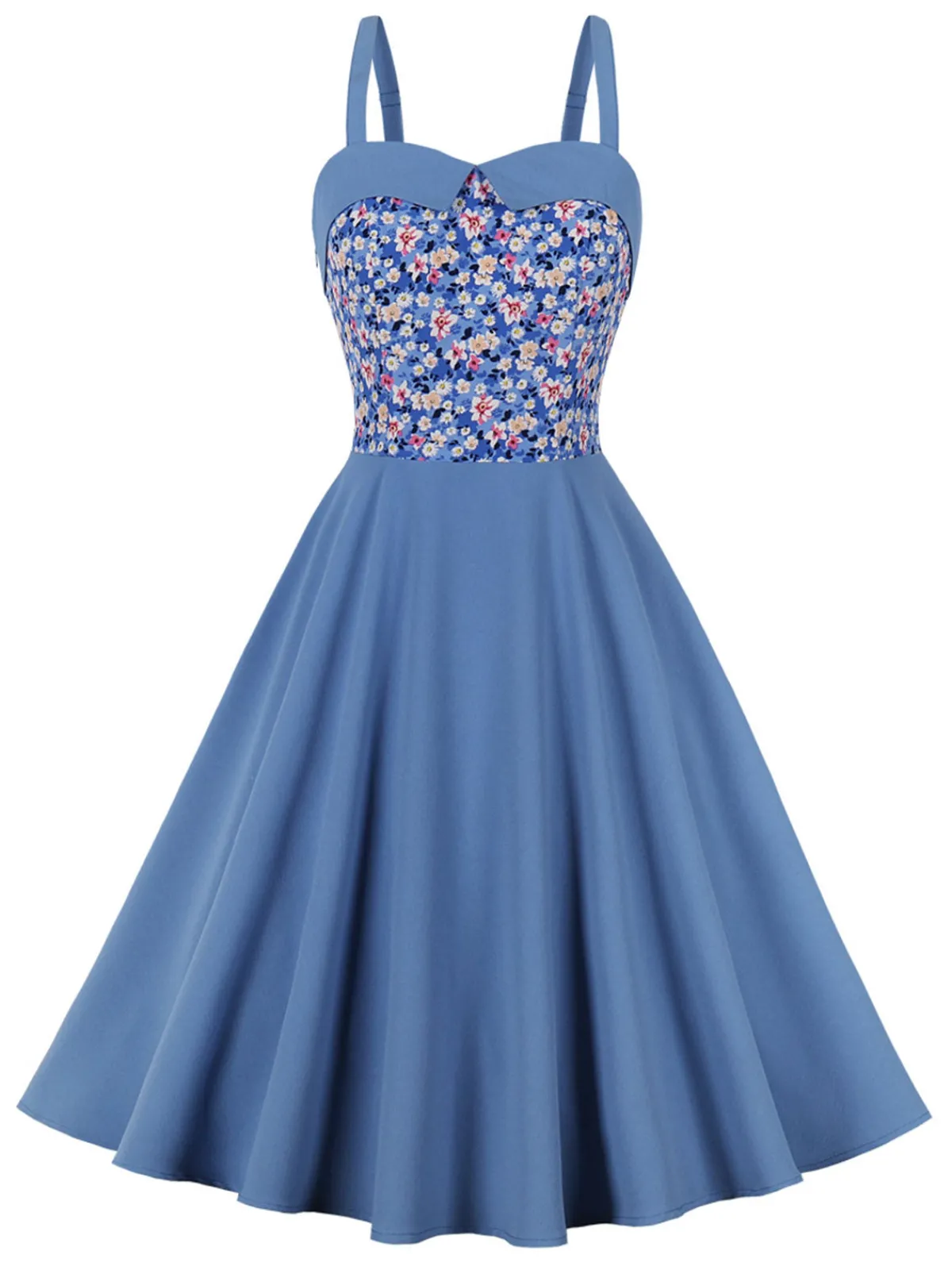 Fashion Retro Stage 1950s Floral Patchwork Strap Swing Dress