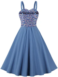 Fashion Retro Stage 1950s Floral Patchwork Strap Swing Dress