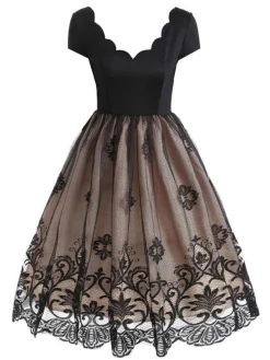 Best Retro Stage 1950s Floral Patchwork Swing Dress Apricot