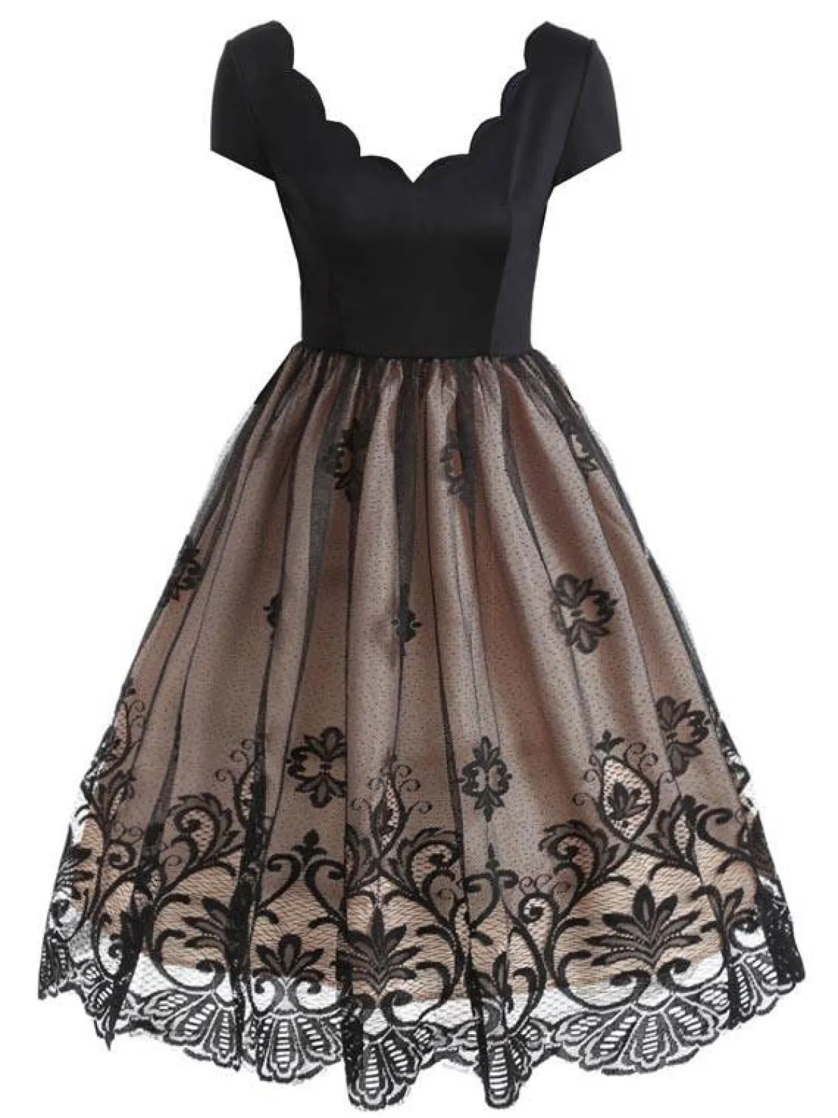 Best Retro Stage 1950s Floral Patchwork Swing Dress Apricot