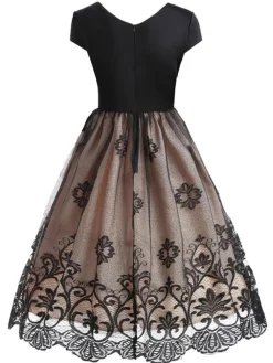 Best Retro Stage 1950s Floral Patchwork Swing Dress Apricot